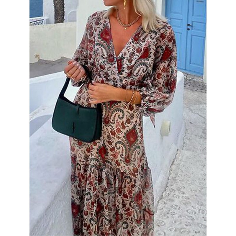 Women's Paisley V Neck Maxi Dress Long Sleeve Summer Spring4