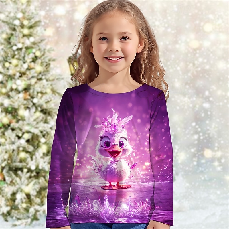 Girls' 3D Graphic Animal Christmas T shirt T shirt Tee Long Sleeve Spring Fall Fashion Basic Kids 4-12 Years Crew Neck Outdoor Casual Daily Regular Fit3