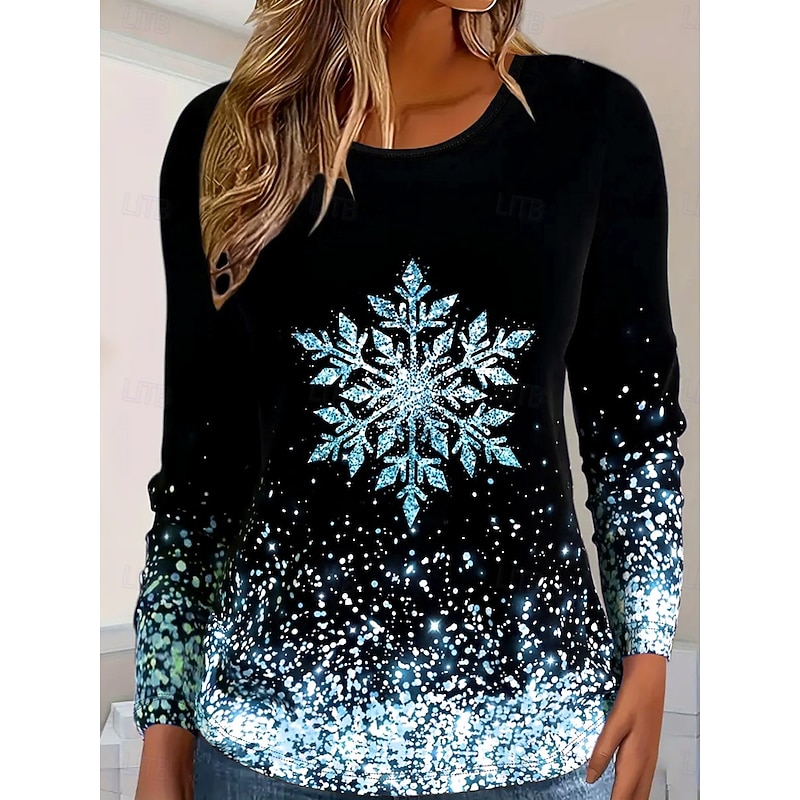 Women's T Shirt Long Sleeve Top Glitter Snowflake Crew Neck Sparkle Gradient Festive Winter Holiday Fashion Black Pink Shimmer Casual Comfort Stretch Fit Clothing Apparel4