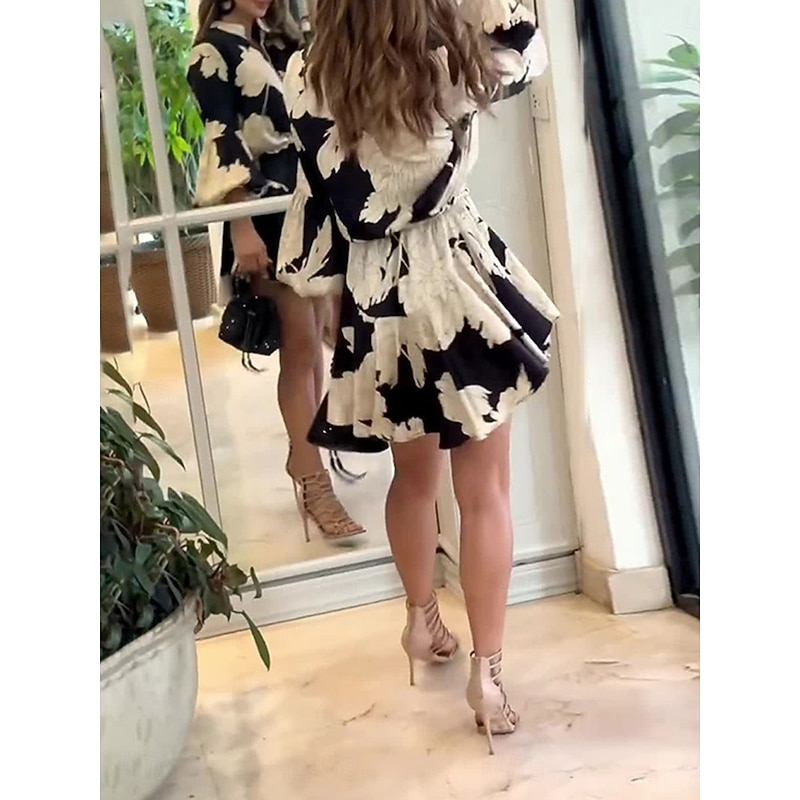 Women's Floral Stand Collar Mini Dress Long Sleeve Summer Spring2