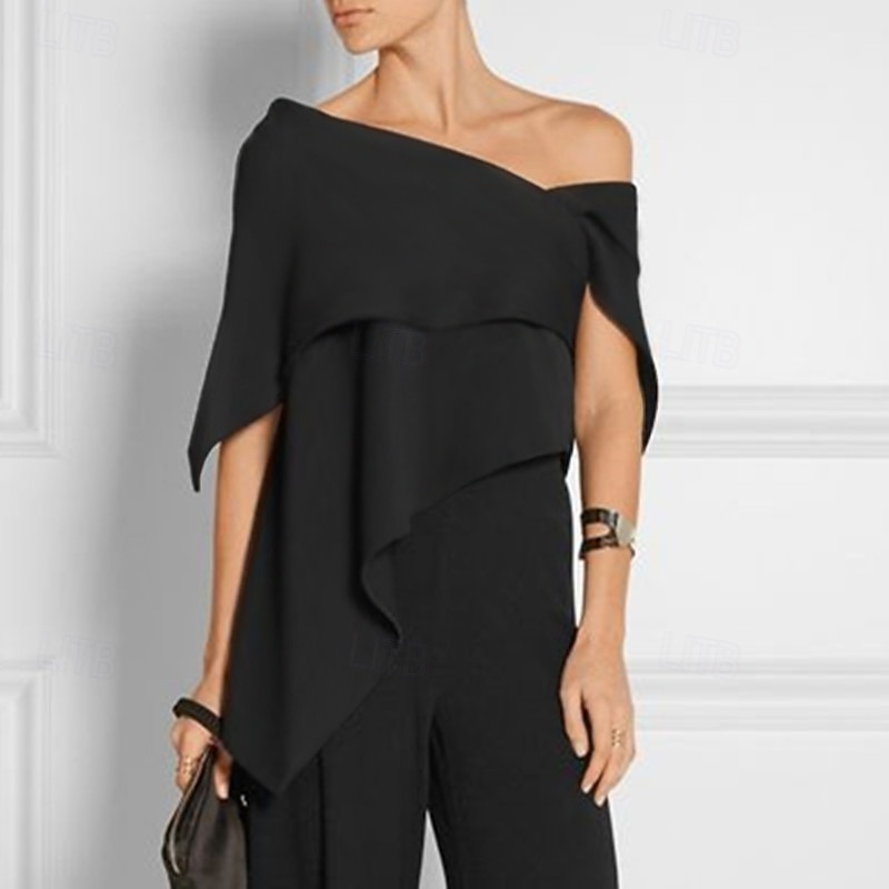 Jumpsuits Mother of the Bride Wedding Guest es Elegant  Formal Wedding Party Floor Length Short Sleeve Off Shoulder Fall Wedding Guest Chiffon with Ruffles3