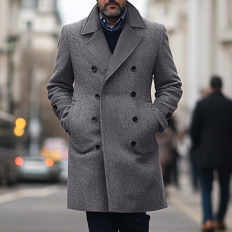 Men's Winter Coat Trench Coat Formal Wedding Warm Pocket Winter Solid Color Christmas Elegant Peaked Lapel Regular Black Khaki Gray Jacket3