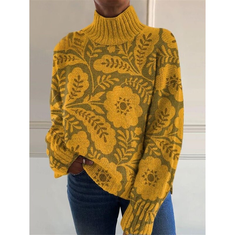 Women's Sweater Casual Soft Floral Ribbed Turtleneck Knitted Long Sleeve Regular Tops Knit Outdoor Daily Weekend Yellow Blue Fall Winter3