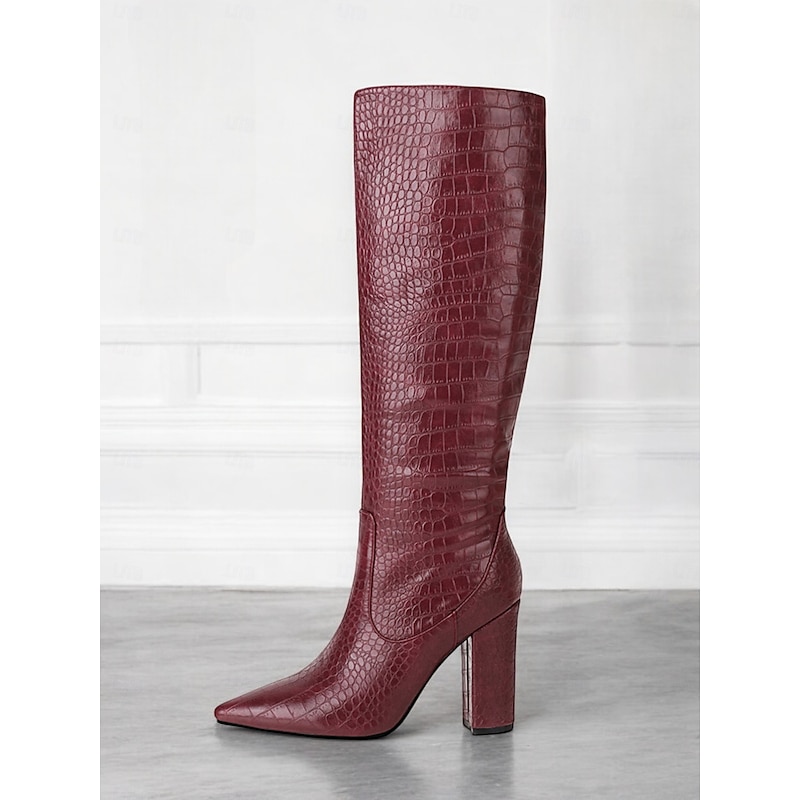 Burgundy Croc-Embossed Knee-High Boots for Women – Stylish Pointed-Toe Block Heel Boots for Fall and Winter Fashion2