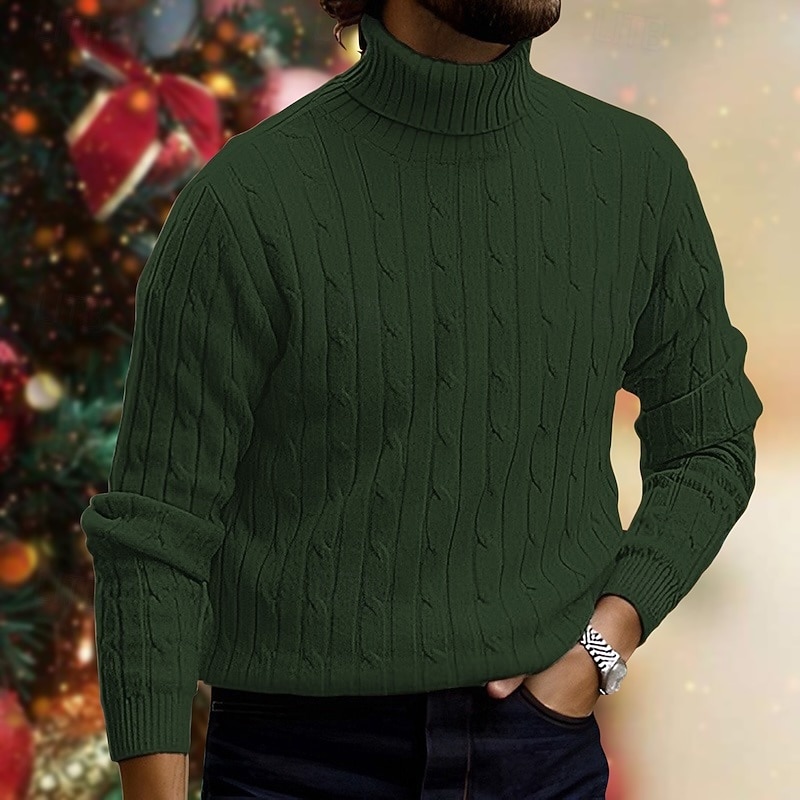 Men's Turtleneck Sweater Sweater Pullover Ribbed Cable Knit Knitted Plain Turtleneck Keep Warm Modern Contemporary Daily Wear Going out Clothing Apparel Fall & Winter Black White M L XL3