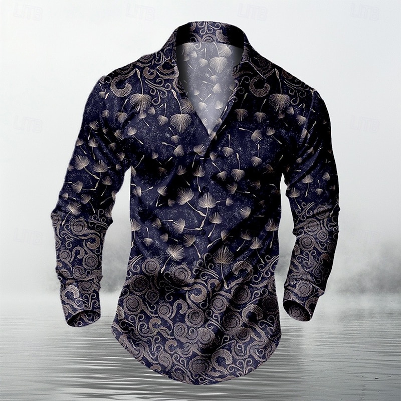 Men's Trees / Leaves Satin Shirt Button Up Shirt Long Sleeve Fashion Casual Vacation Party Evening Wear Dailywear Summer Spring Fall Collared Shirts 3D Print Blue
