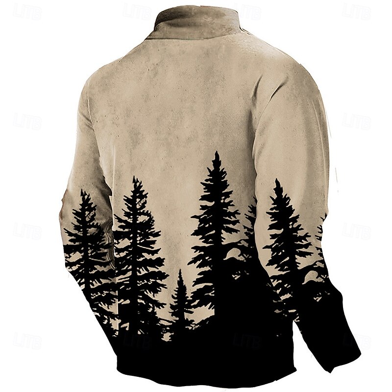 Men's Forest Deer Sweatshirt Quarter Zip Sweatshirt Long Sleeve Sweatshirt Stand Collar Quarter Zip Casual Vintage Retro 3D Print Vacation Going out Streetwear Half Zip Fall Winter2