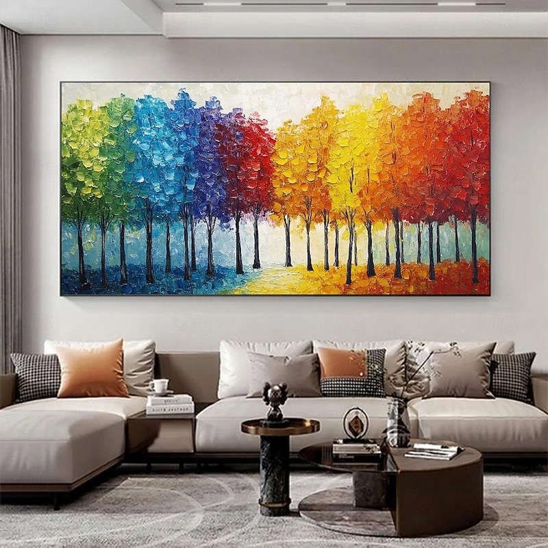 3D Colorful Forest Painting handmade colorful tree canvas oil painting wall art tree painting abstract Narrow wall decor oversize Large Abstract Blue landscape painting Wall art Decoration