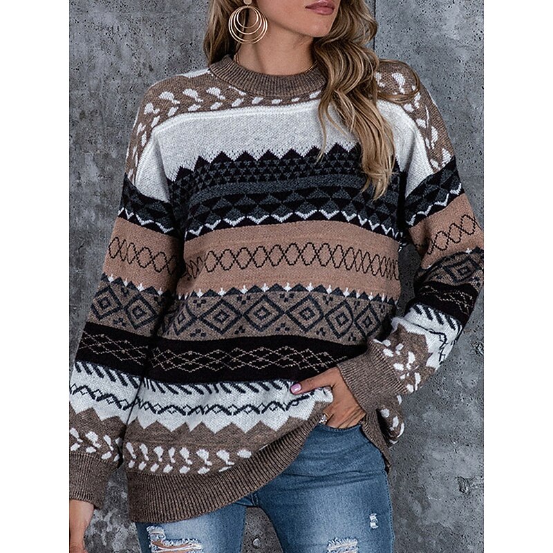 Women's Sweater Casual Soft Geometric Ribbed Crew Neck Knitted Long Sleeve Regular Tops Knit Outdoor Daily Weekend Pink Red Fall Winter