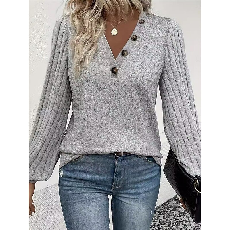 Women's Shirt Blouse Solid Color Basic Casual Long Sleeve V Neck Regular Tops Daily Buttons Gray Fall Winter4