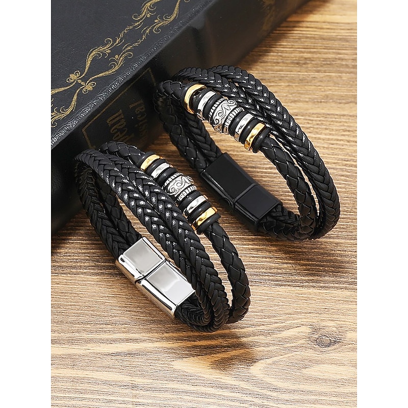 Men's Braided Leather Bracelet with Metal Bead Accents – Stylish Double-Layer Black Bracelet with Magnetic Clasp4
