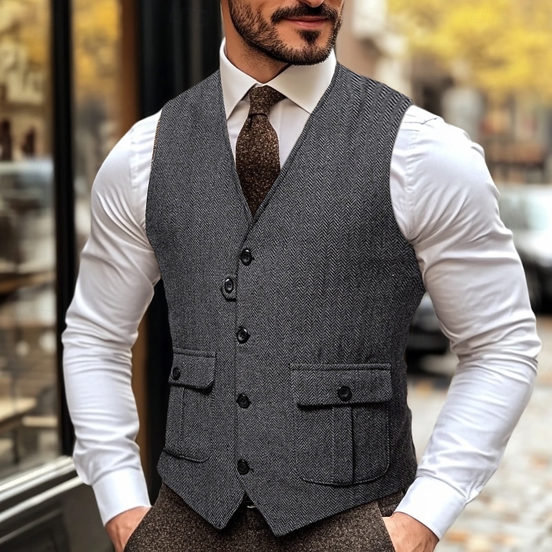 Brown Grey Men's Fashion Herringbone Tweed Vest Tailored Fit V Neck Single Breasted Four-buttons3