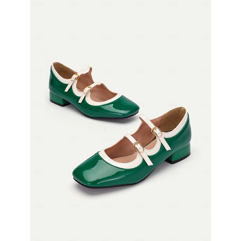 Retro Green Patent Leather Mary Jane Shoes – Women's Vintage Double-Strap Low Block Heels for Casual and Cosplay Wear4
