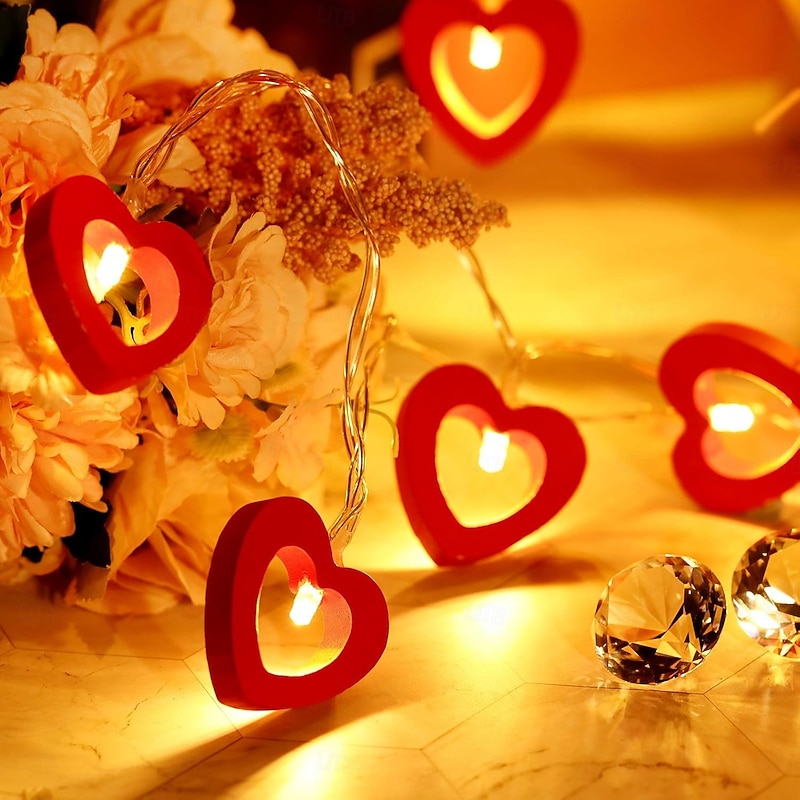 Valentine's Day Wooden Heart String Lights LED Fairy Lights 3m 20LED Hanging Wood Love Lights Lamp Battery Operated Valentine's Day Decorations for Bedroom Festival Birthday Wedding