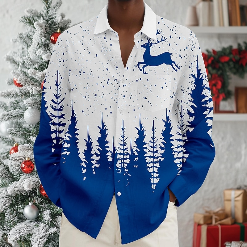 Christmas Men's Santa Claus Rudolph Shirt Beach Shirt Button Up Shirt Long Sleeve Hawaiian Casual Vacation Daily Fall Winter Spring & Summer Collared Shirts 3D Print Red Blue Purple Green Drak Red2