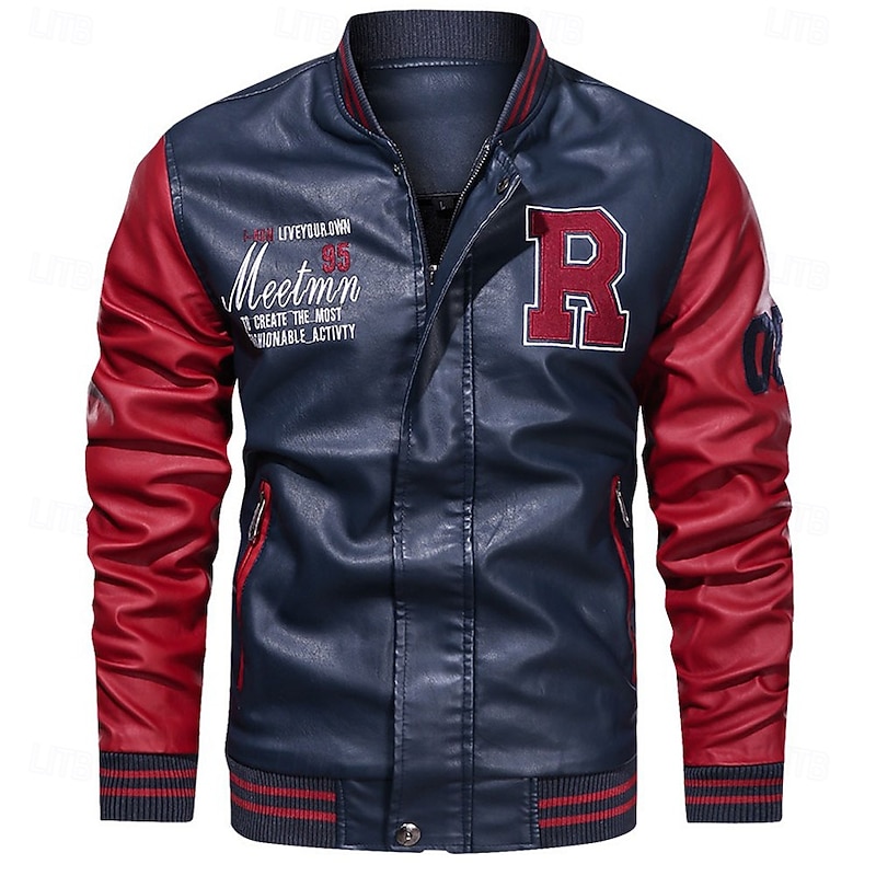 Men's Embroidered Bomber Jacket Leather Jacket Winter Baseball Coat Long Sleeve Stand Collar PU Leather Motorcycle Jacket2