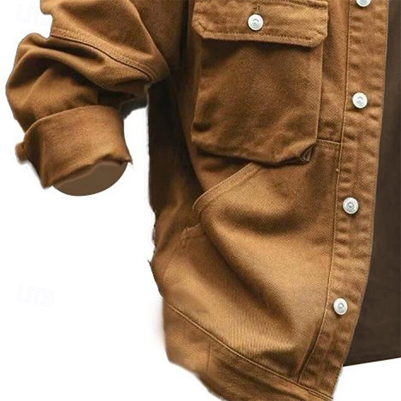 Men's Lightweight Jacket Shirt Jacket Casual Jacket Work Jacket Formal Home Pocket Spring Fall Winter Solid Color Vintage Fashion Turndown Regular Black Brown Green Khaki Jacket3