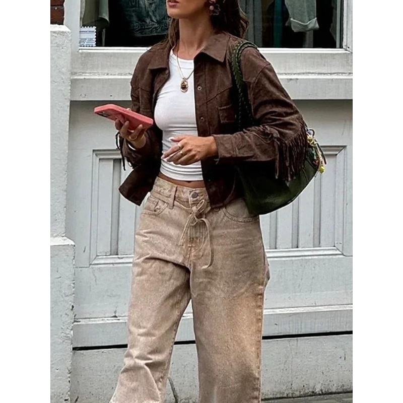 Women's Casual Jacket Outdoor Street Daily Wear Fall Short Coat Regular Fit Thermal Warm Breathable Stylish Casual Jacket Long Sleeve Plain Tassel Fringe with Pockets Brown4