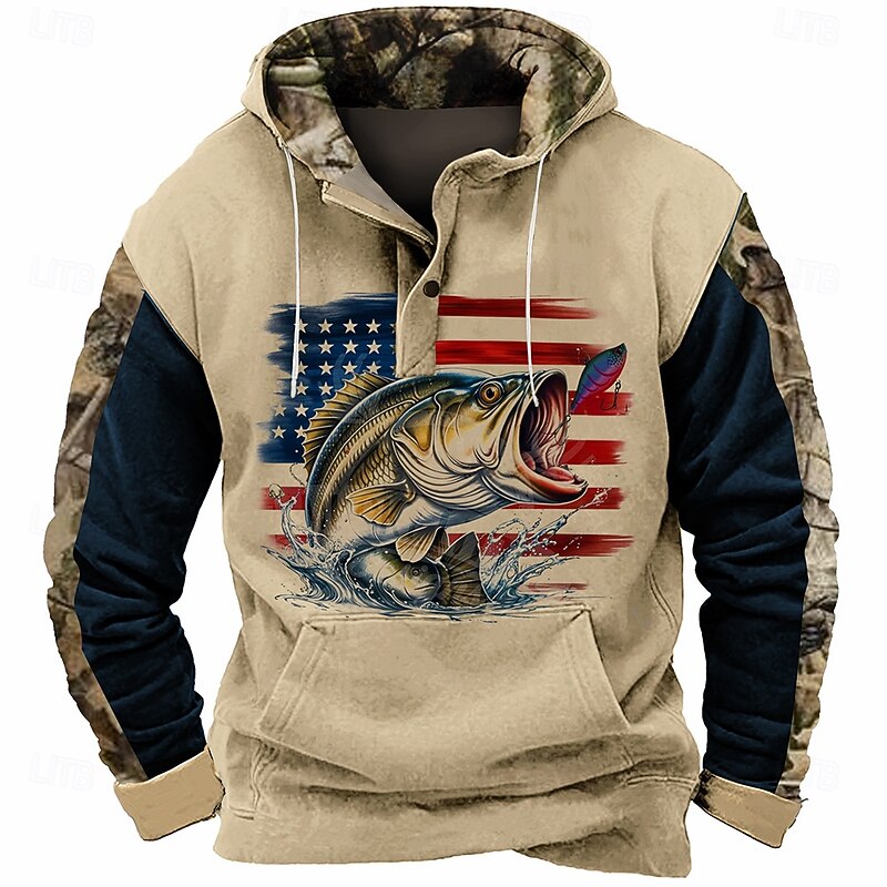 Men's American US Flag Fish Hoodie Sweatshirt Cowboy Casual Long Sleeve Hooded Sports Outdoor Streetwear Light Brown Brown Pocket 3D Print Fall Winter Designer
