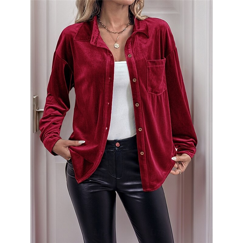 Women's Shirt Blouse Solid Color Basic Casual Long Sleeve V Neck Regular Tops Daily Patchwork Buttons Pocket Wine Brown Green Fall Winter3