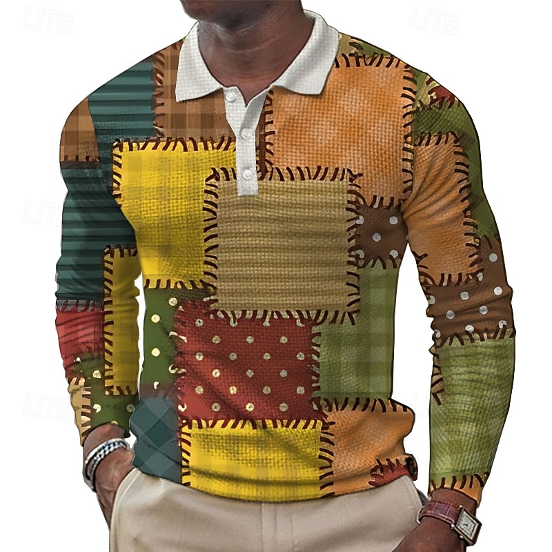Men's Patchwork Waffle Polo Shirts Golf Shirt Long Sleeve Polo Shirts Collared Shirts Casual Party Evening Wear Dailywear Outdoor clothing Buttons 3D Print Spring Fall Winter Yellow Blue Purple