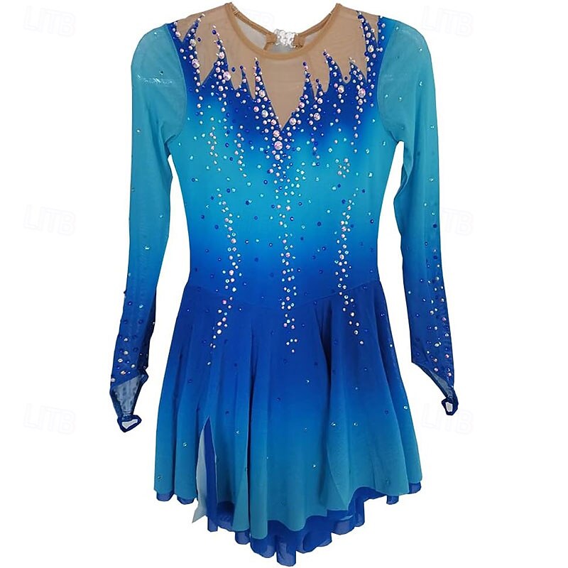 Figure Skating Dress Women's Girls' Ice Skating Dress Gradual Blue High Elasticity Training Competition Skating Wear Classic Crystal / Rhinestone Long Sleeve Ice Skating Figure Skating