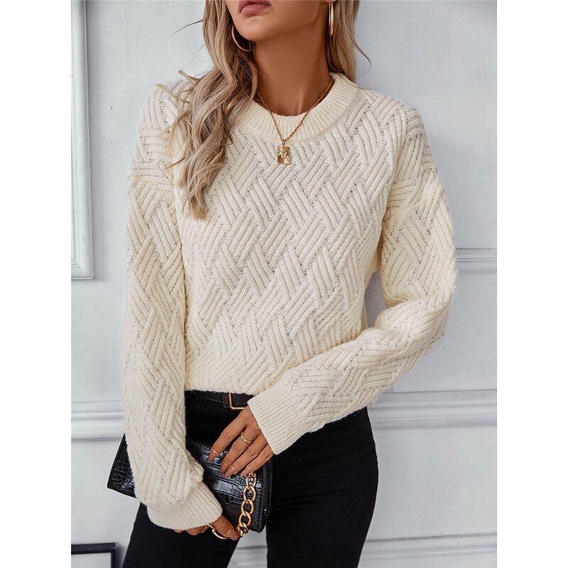 Women's Sweater Casual Soft Pure Color Ribbed Crew Neck Knitted Long Sleeve Regular Tops Knit Outdoor Daily Weekend Dark Gray Beige Fall Winter