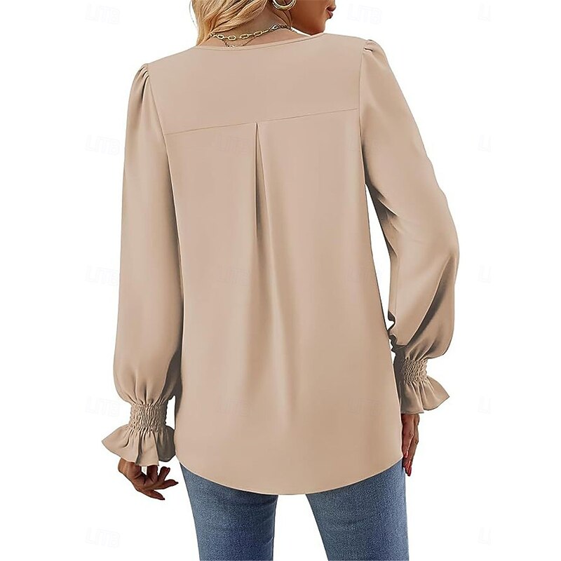 Women's Shirt Blouse Solid Color Basic Casual Long Sleeve V Neck Regular Tops Daily Red Fuchsia Khaki Fall Winter4