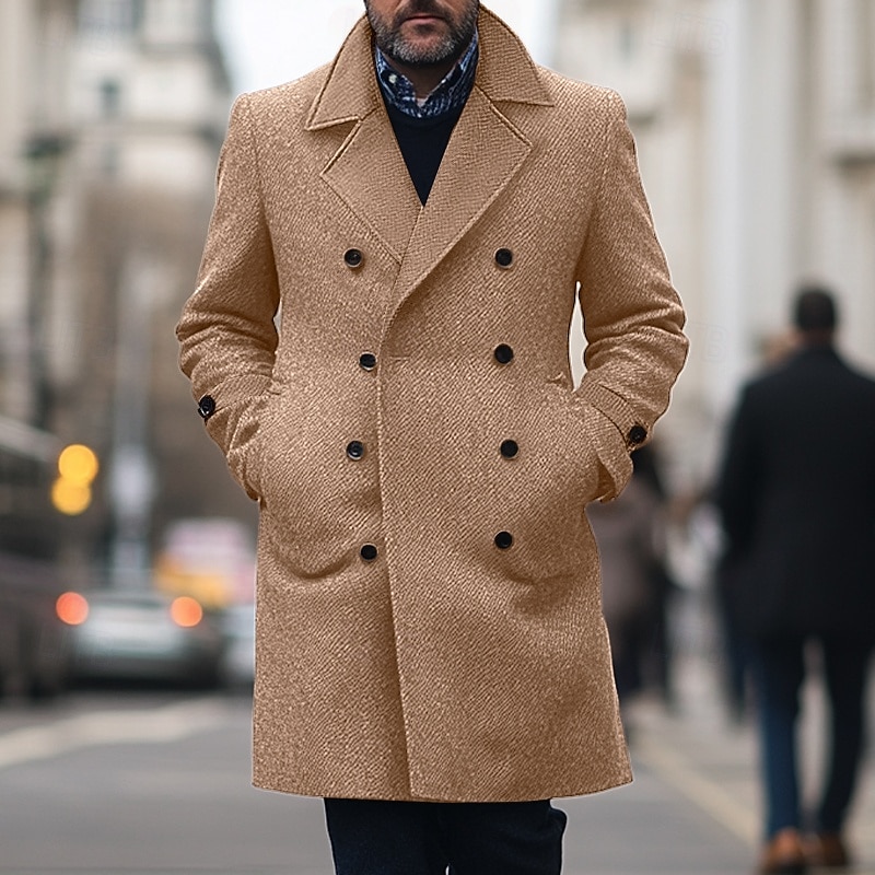 Men's Winter Coat Trench Coat Formal Wedding Warm Pocket Winter Solid Color Christmas Elegant Peaked Lapel Regular Black Khaki Gray Jacket