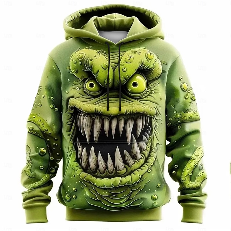 Men's Monster Hoodies Sweatshirt Fashion Cool Long Sleeve Crew Neck Party Holiday Streetwear Green Drawstring Fall Winter Designer