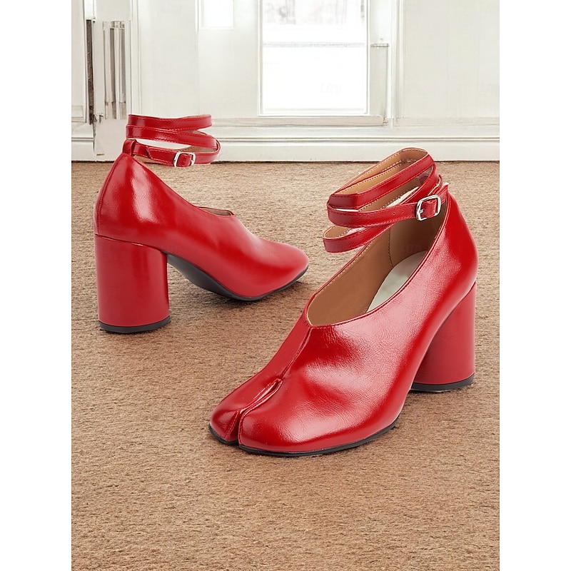 Women's Red Tabi Block Heel Shoes with Ankle Strap – Unique Split-Toe Design for Retro and Modern Fashion Styles2