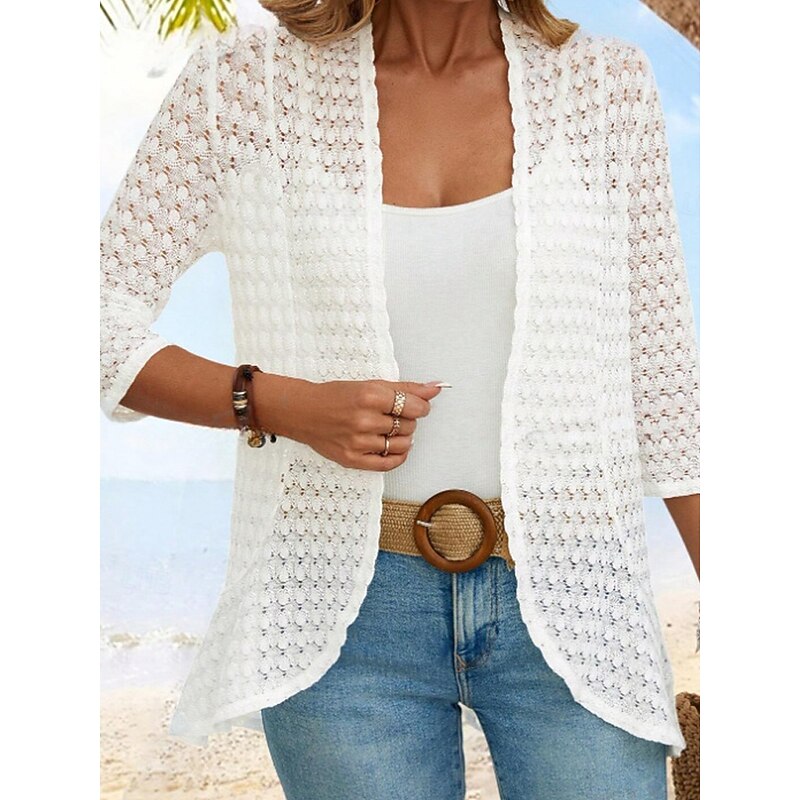 Women's Casual Jacket Outdoor Cut Out Solid Color Windproof Fashion Regular Fit Outerwear 3/4 Length Sleeve Fall White S