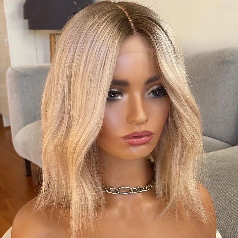 Remy Human Hair 5x5 Closure 13x4 Lace Front Wig Short Bob Brazilian Hair Wavy Blonde Wig 130% 150% Density Ombre Hair 100% Virgin Glueless Pre-Plucked For Women Short Human Hair Lace Wig2