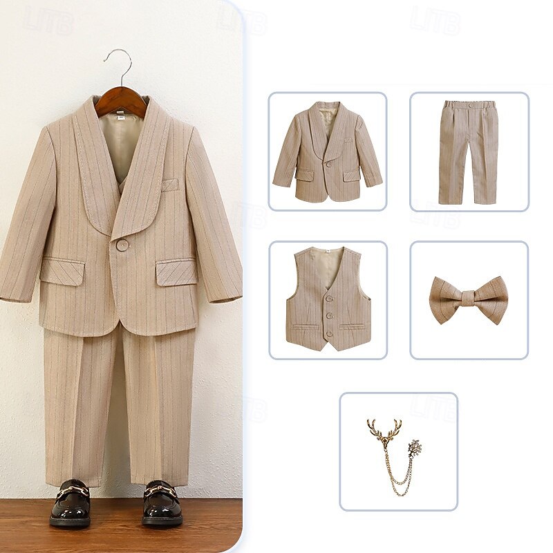 5 Pieces Ring Bearer Suit Boys Kids Suit Formal Suit Blazer & Vest & Pants & Brooch & Tie Formal Party Valentines Fashion Cool Stripe Pocket Khaki Dark Gray Polyester4