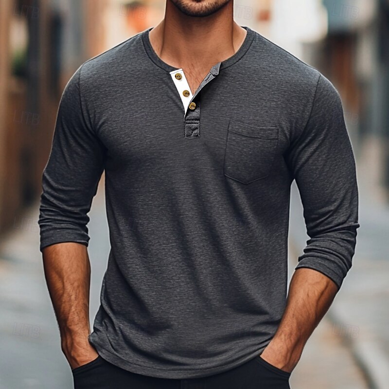 Men's T shirt Henley Shirt Long Sleeve Shirt Plain Henley Street Daily Long Sleeve Pocket Clothing Apparel Fashion Designer Casual Comfortable