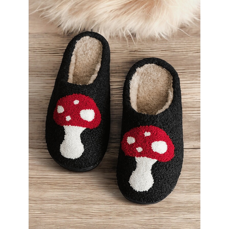 Women's Cozy Black Indoor Slippers with Red Mushroom Embroidery - Plush Lining, Non-Slip Sole, Perfect for Winter Home Relaxation