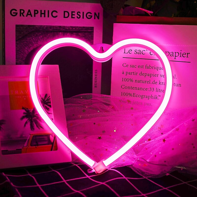 Pink Heart Neon Sign LED Light Battery Operated / USB Powered Table and Wall Decor Lamp for Dorm Girl's Room Mothers Day Valentine's Day Party Birthday Home Christmas Decoration3