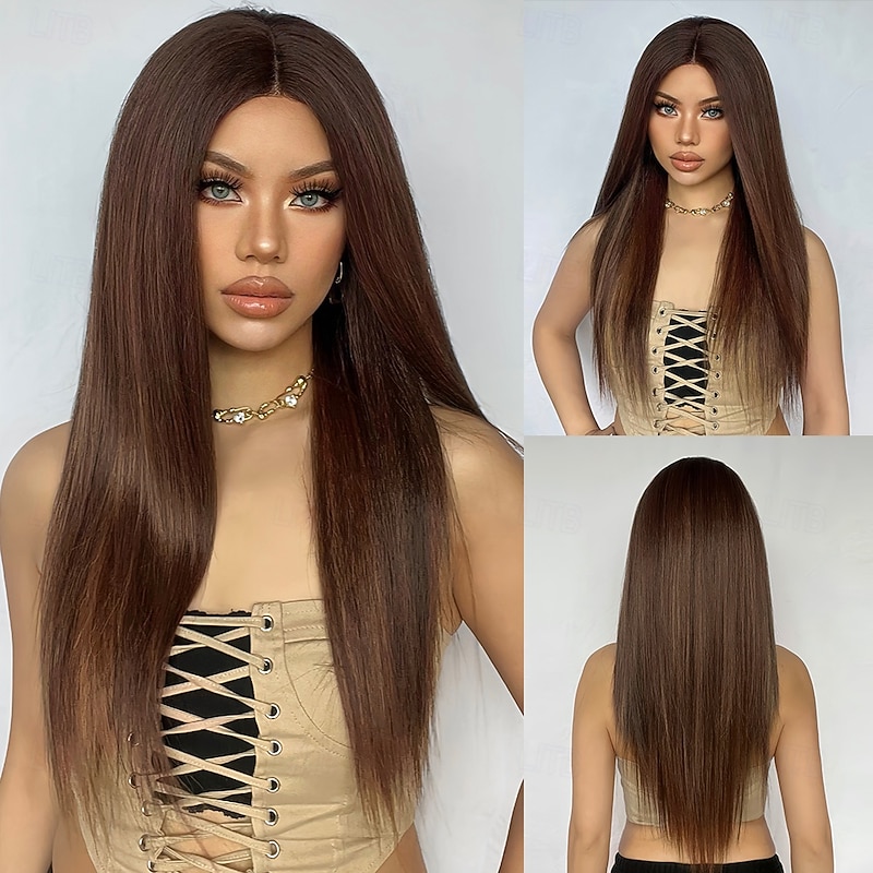 Synthetic Lace Wig Straight Style 26 inch Brown with Golden Highlights Middle Part 13x5x1 Lace Front Wig Women's Wig Light Brown