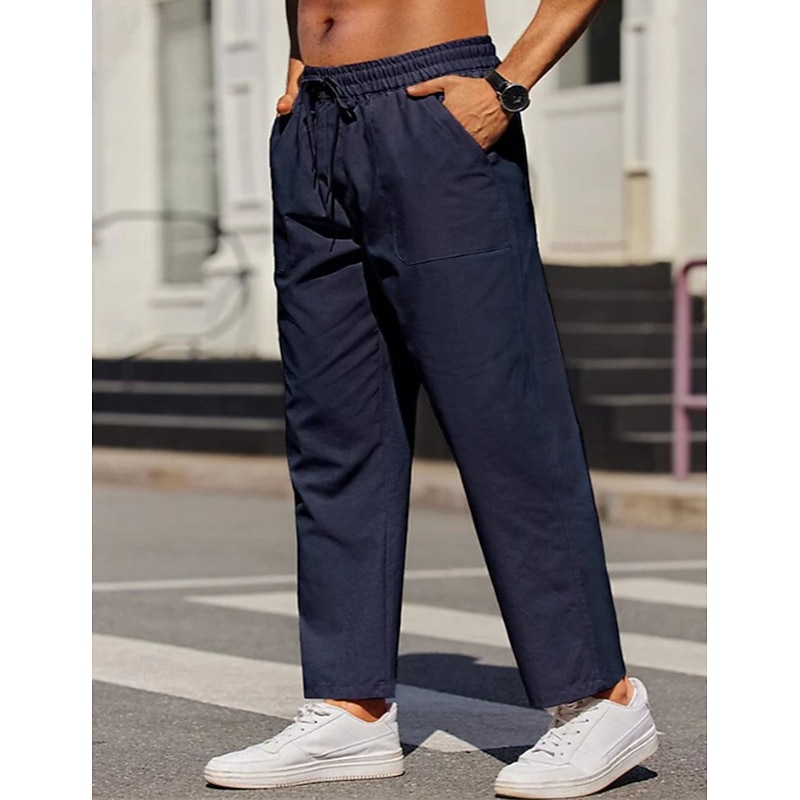 Men's Linen Pants Trousers Summer Pants Drawstring Elastic Waist Straight Leg Plain Comfort Breathable Full Length Outdoor Casual Daily Fashion Business Black White