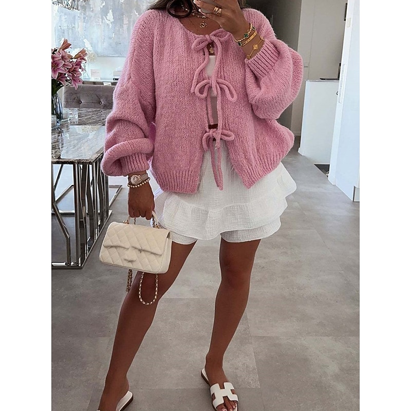 Women's Sweater Cardigan Casual Soft Pure Color Ribbed Crew Neck Knitted Long Sleeve Regular Tops Knit Outdoor Daily Weekend Pink Beige Fall Winter2