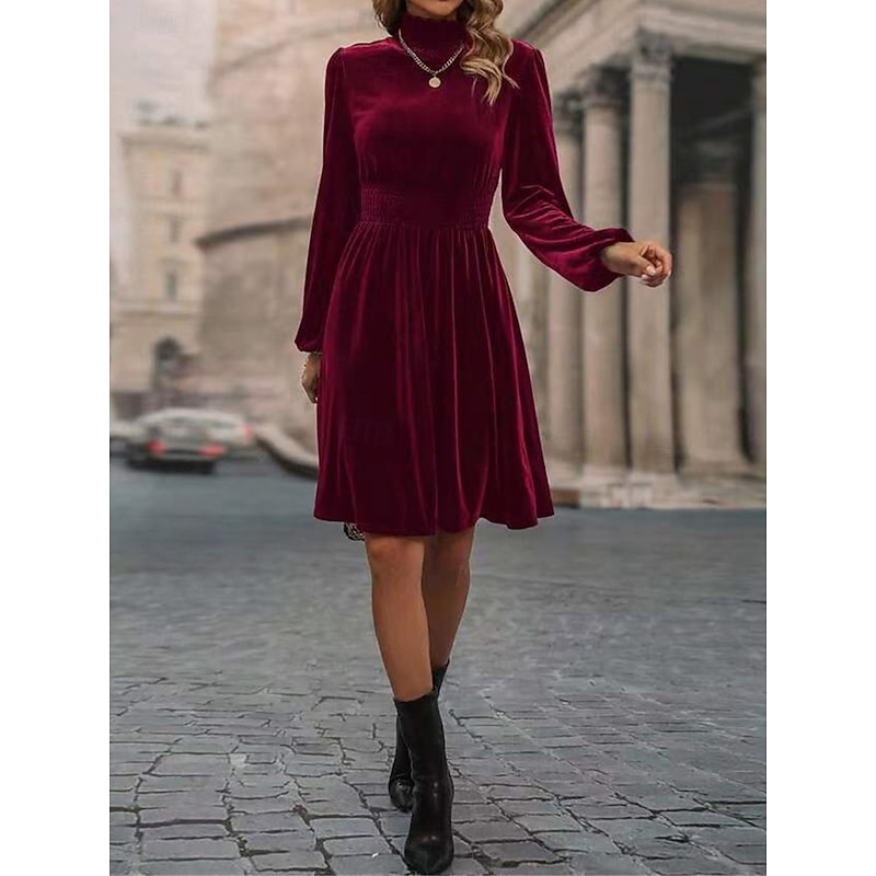 Women's Mini Dress Velvet Dress Cocktail Dress A Line Dress Plain Dress Casual Party Street Evening Party Regular Fit Plain Long Sleeve Turtleneck Black Wine Green Fall Winter3
