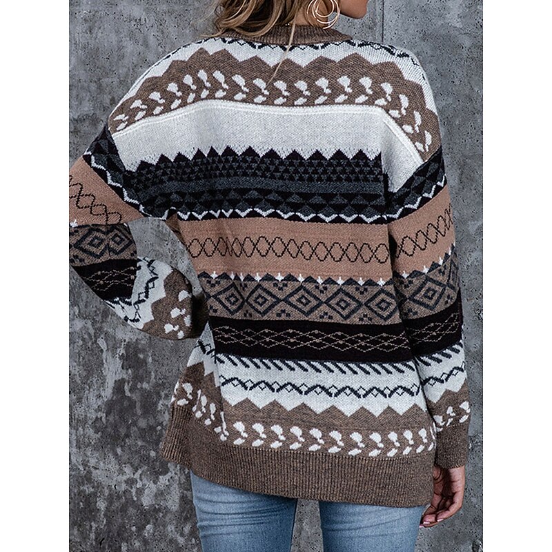 Women's Sweater Casual Soft Geometric Ribbed Crew Neck Knitted Long Sleeve Regular Tops Knit Outdoor Daily Weekend Pink Red Fall Winter2