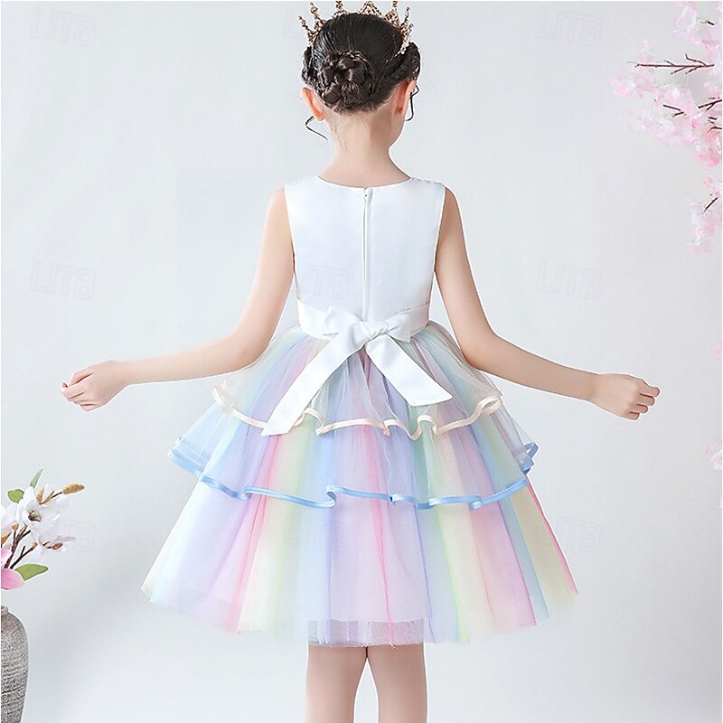 Flower Girl Dress Kid's Girls' Princess Dress Performance Wedding Party Elegant Beautiful Mesh Floral Sleeveless Crew Neck White Pink 4 years+4