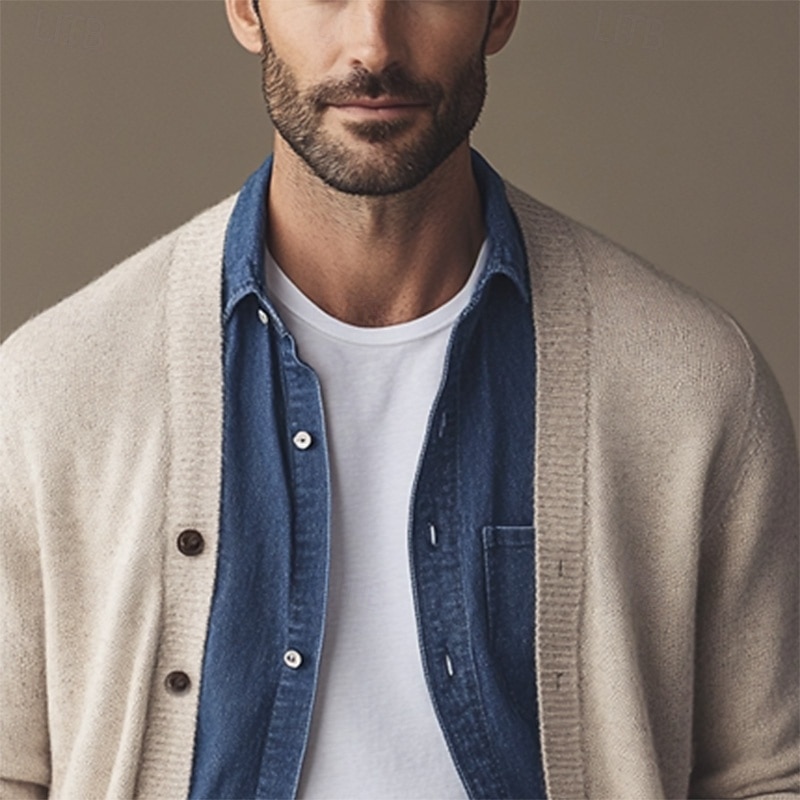 Men's Cardigan Sweater Cropped  Sweater Knit Sweater Ribbed Knit Regular Button Up Pocket Solid Color V Neck Fashion Classic Daily Wear Date Clothing Apparel Fall & Winter Black White S M L2