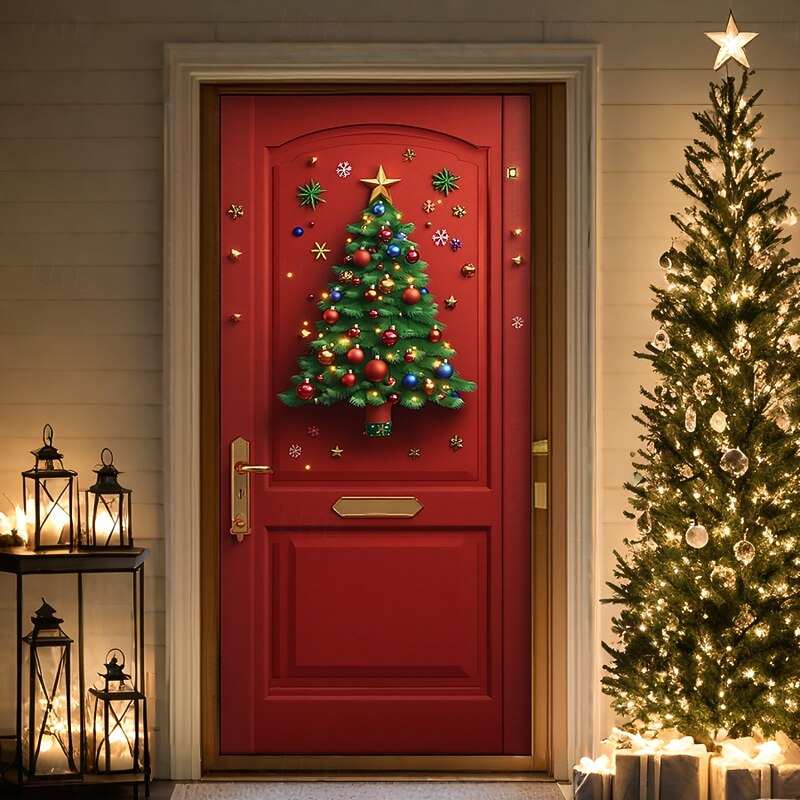 Christmas Door Decorations Door Covers Wreath Xmas Tree Santa Nutcracker Door Tapestry Door Curtain Decoration Backdrop Indoor/Outdoor Door Banner for Front Door Farmhouse
