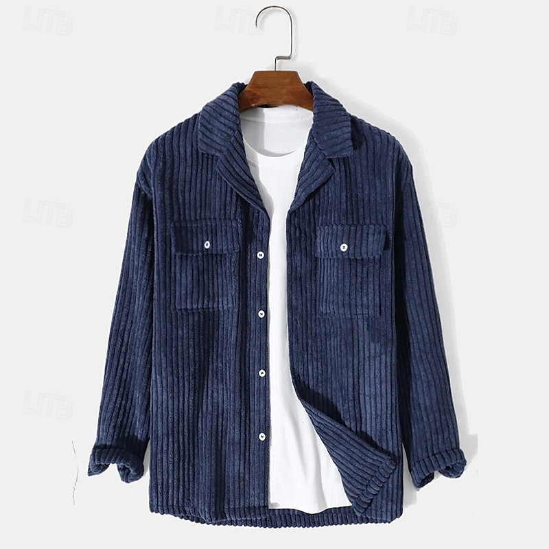Men's Lightweight Jacket Shirt Jacket Casual Jacket Shacket Vacation Daily Breathable Pocket Spring Fall Plain Fashion Classic Lapel Regular Dark Blue Jacket