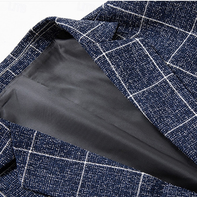 Men's Blazer Business Cocktail Party Wedding Party Fashion Casual Spring &  Fall Polyester Plaid Pocket Buttons Comfortable Single Breasted Blazer Black White Navy Blue Gray2