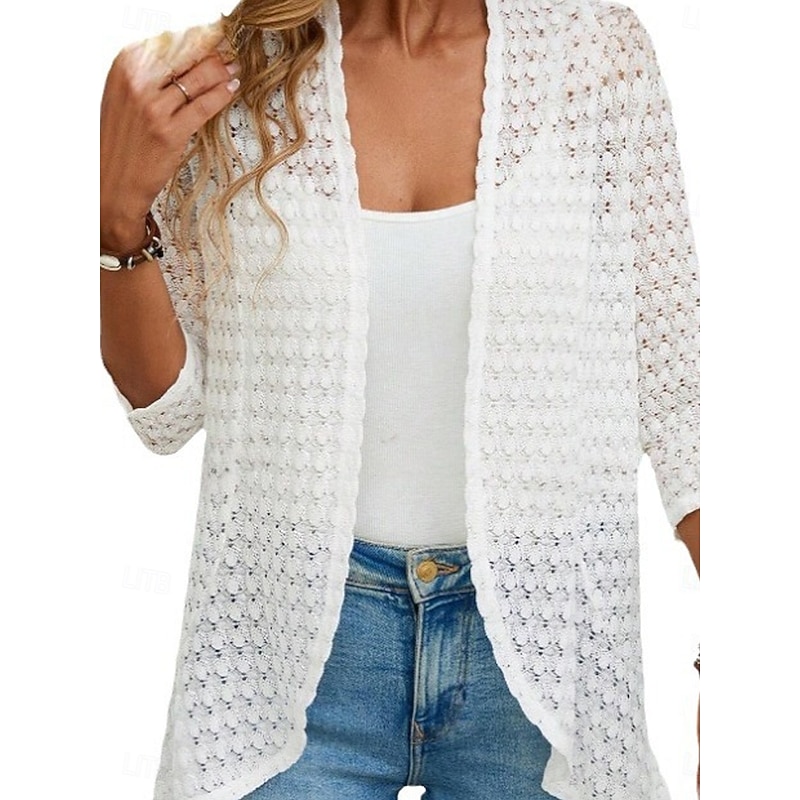 Women's Casual Jacket Outdoor Cut Out Solid Color Windproof Fashion Regular Fit Outerwear 3/4 Length Sleeve Fall White S3