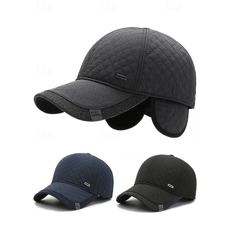 Men's Quilted Winter Baseball Cap with Ear Flaps – Warm Waterproof Outdoor Hat in Black, Navy, and Dark Gray