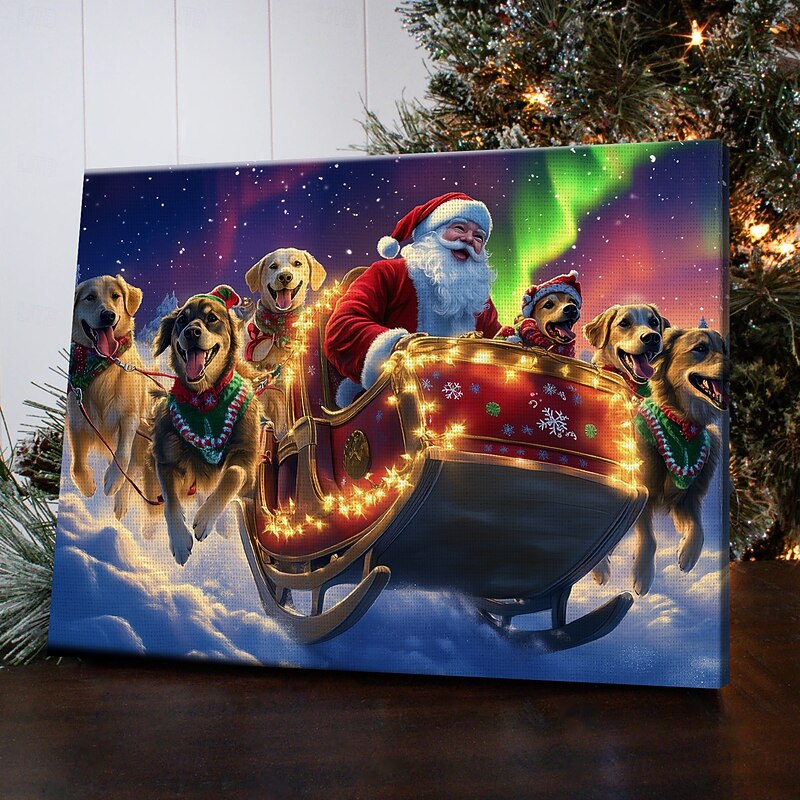 Christmas Santa Claus LED Canvas Wall Art LED Lighted Up Wall Decor 2AA Battery Operated Lighted Canvas Print LED Light Kitchen Bedroom or Home Decor